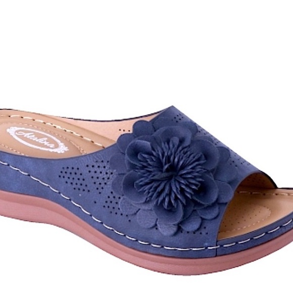 Italina Navy Blue Woven Pom Floral Rosette Padded Slide In Mule Sandal 10 - Picture 4 of 5